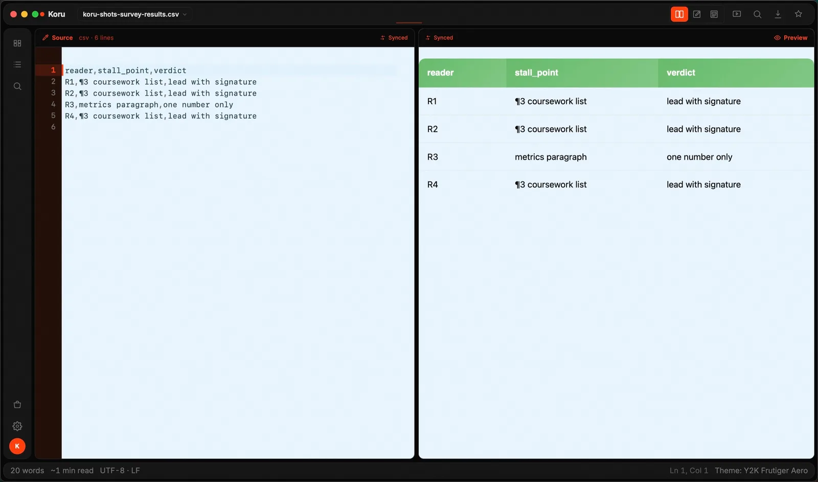 CSV: 行 ⇄ 表格 (real Koru Press window, dark)