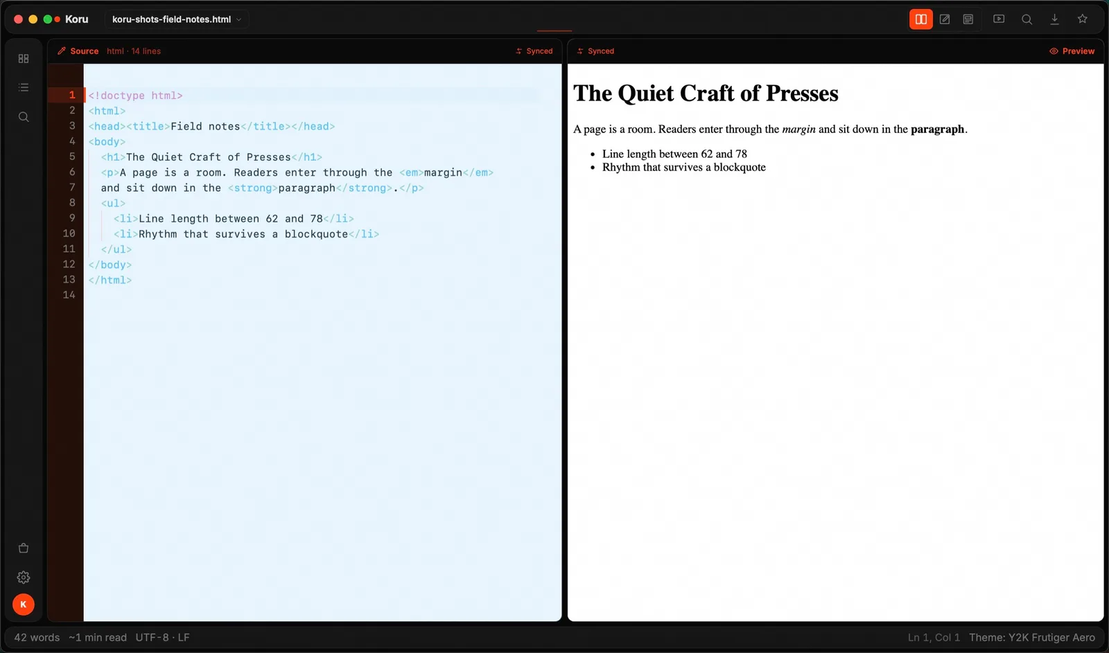 HTML: 标记 ⇄ 页面 (real Koru Press window, dark)