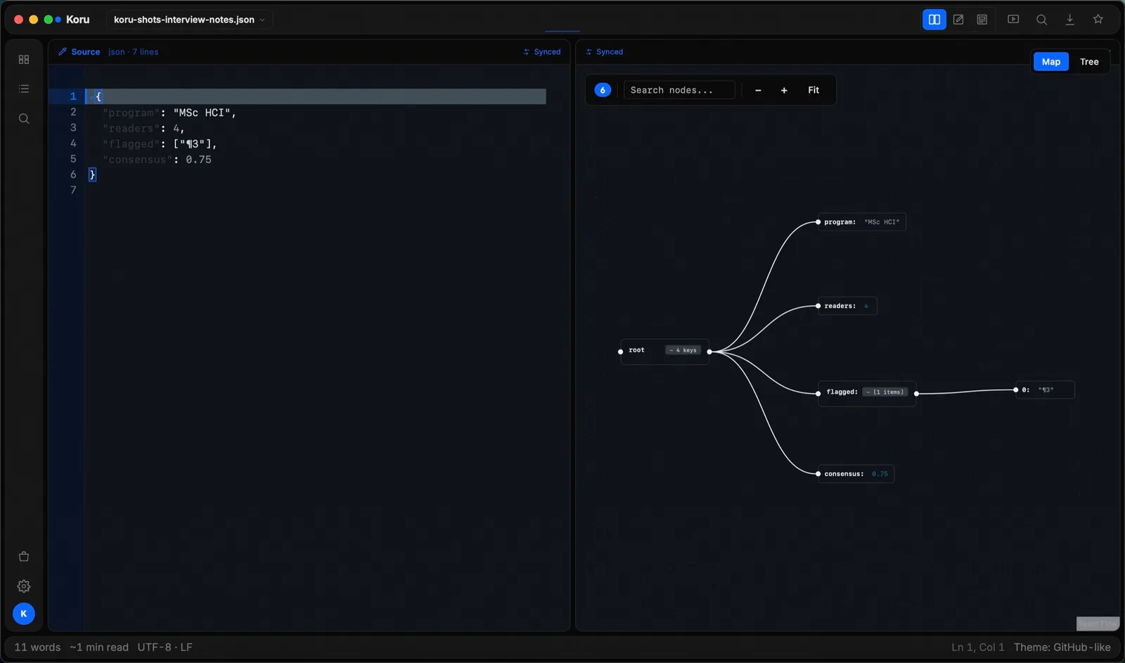JSON: 文本 ⇄ 树 (real Koru Press window, dark)
