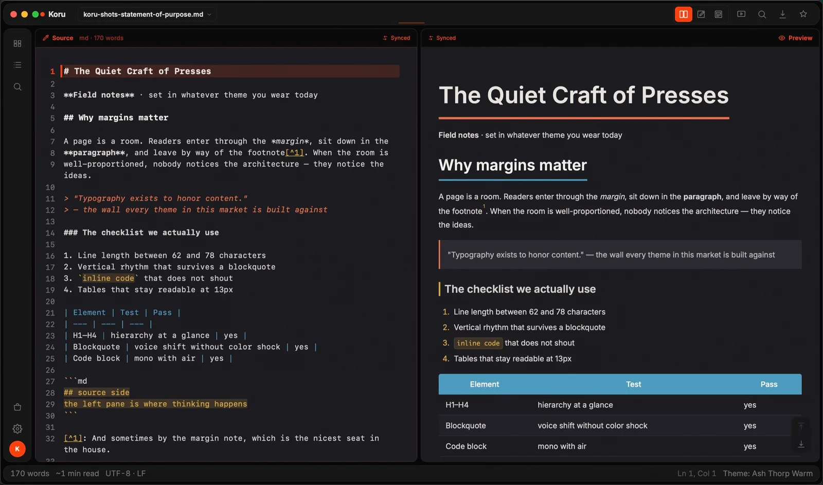 Koru Press split view in dark mode: Markdown source beside its typeset page