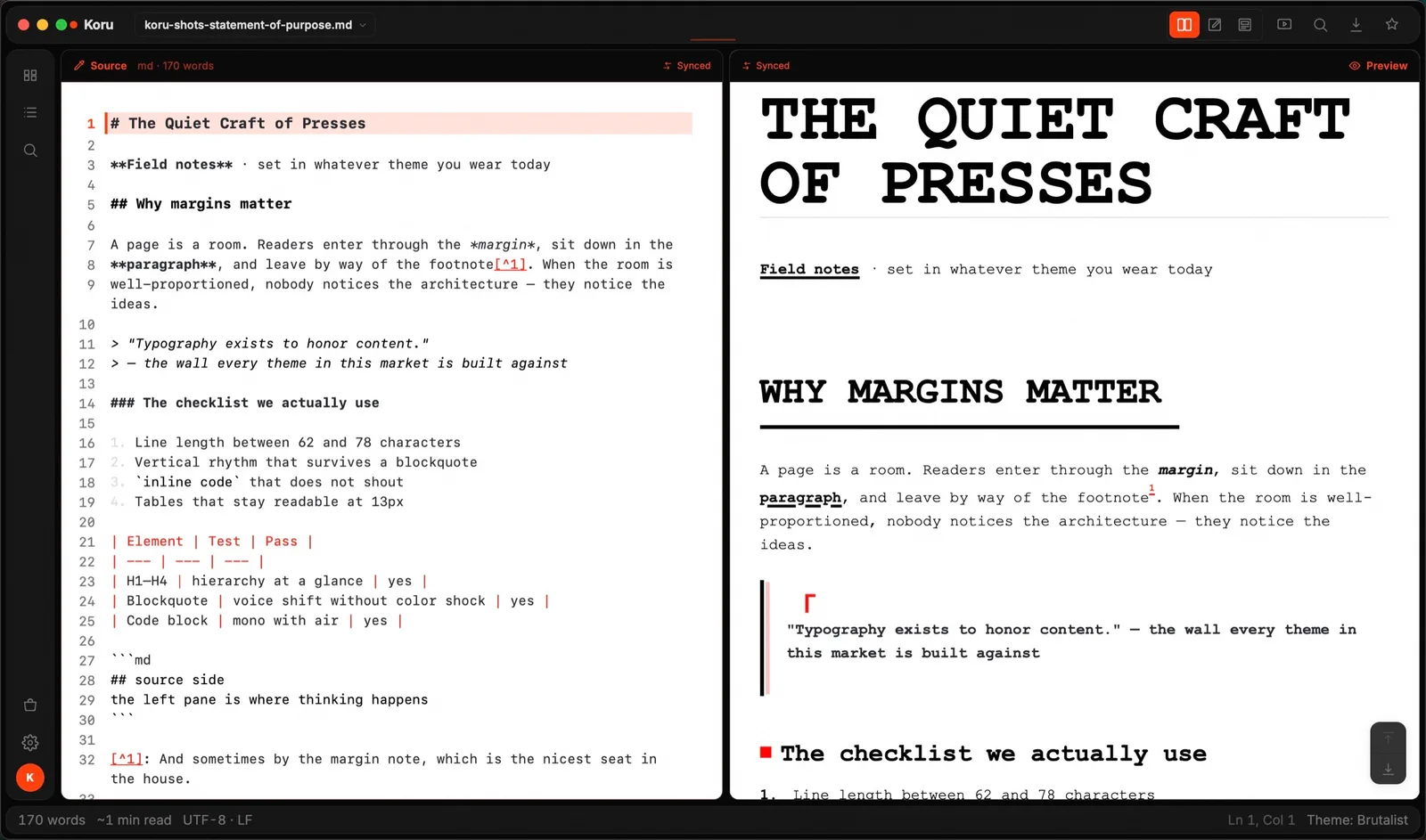 Brutalist theme applied in Koru Press (dark)