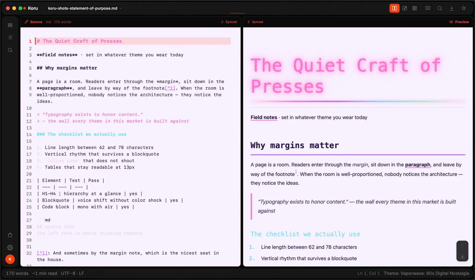 Vaporwave theme applied in Koru Press (dark)