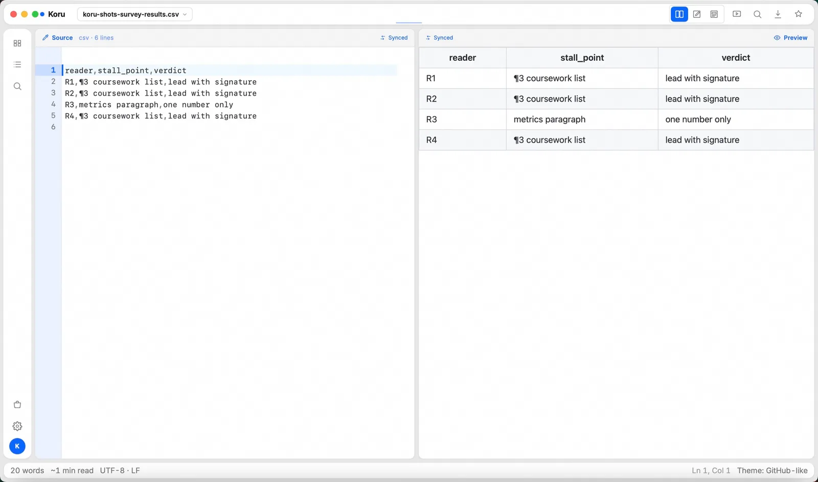 CSV: 行 ⇄ 表格 (real Koru Press window)