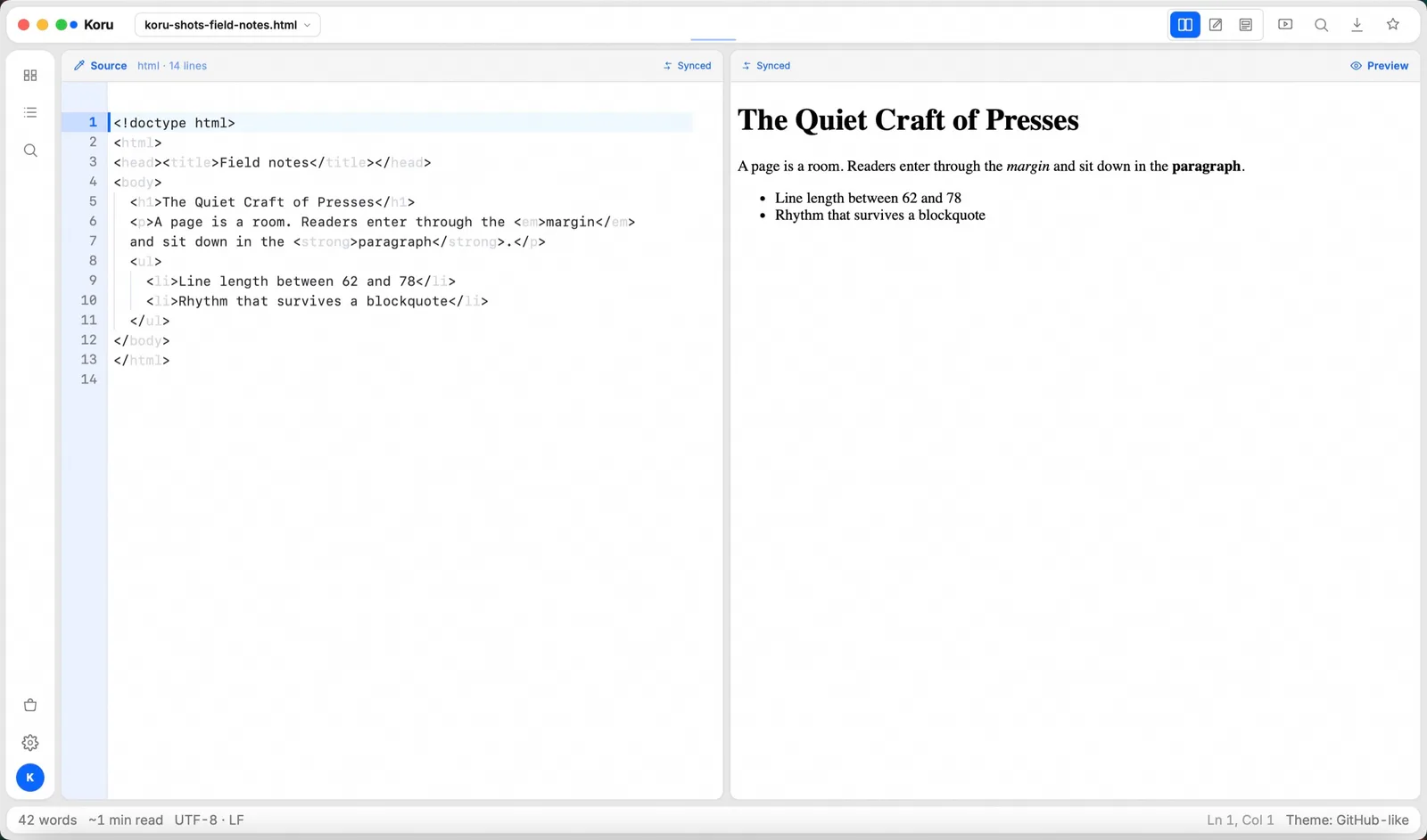 HTML: 标记 ⇄ 页面 (real Koru Press window)
