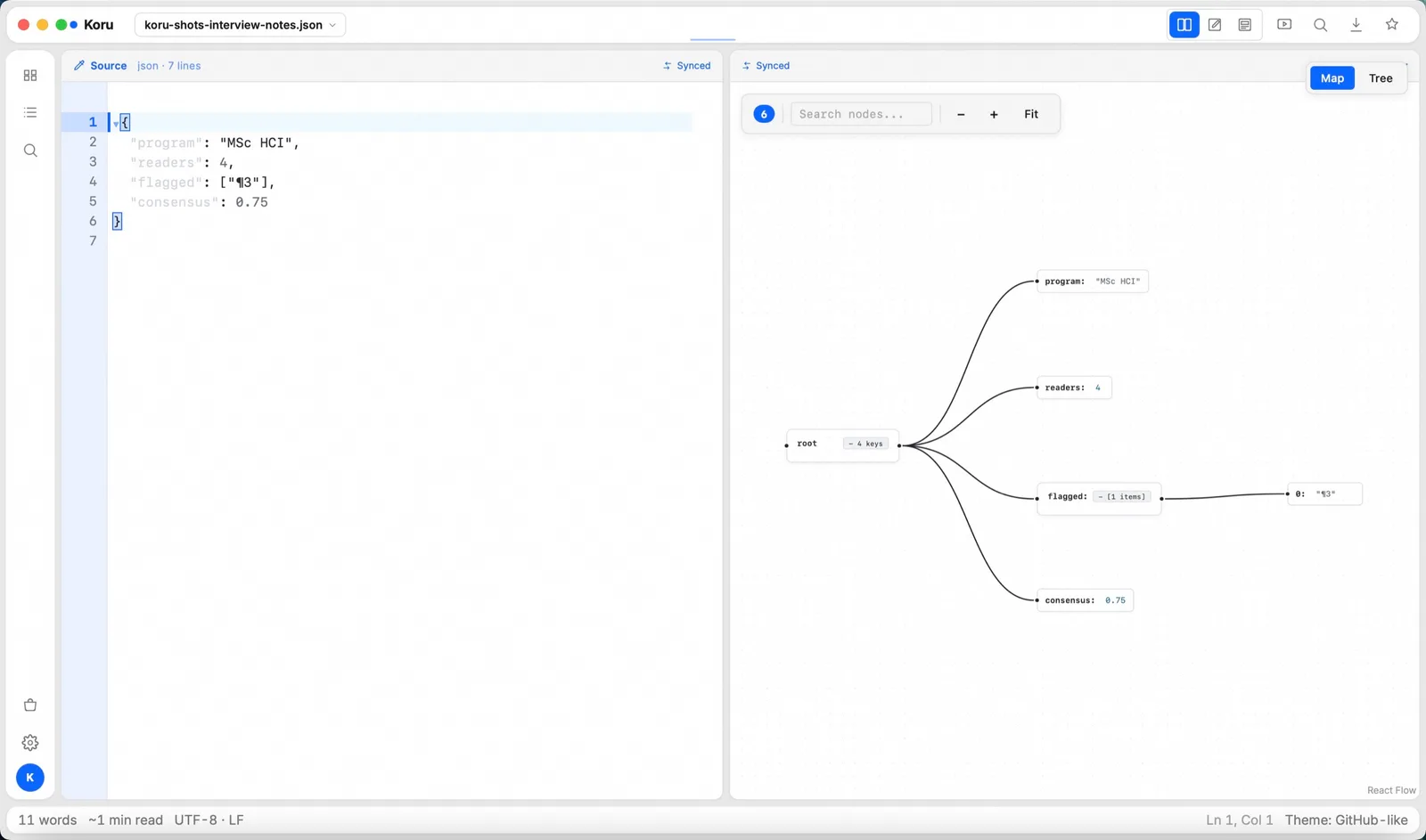 JSON: 文本 ⇄ 树 (real Koru Press window)