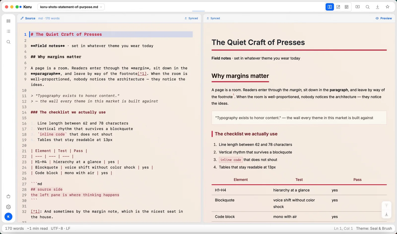 Seal & Brush theme applied in Koru Press