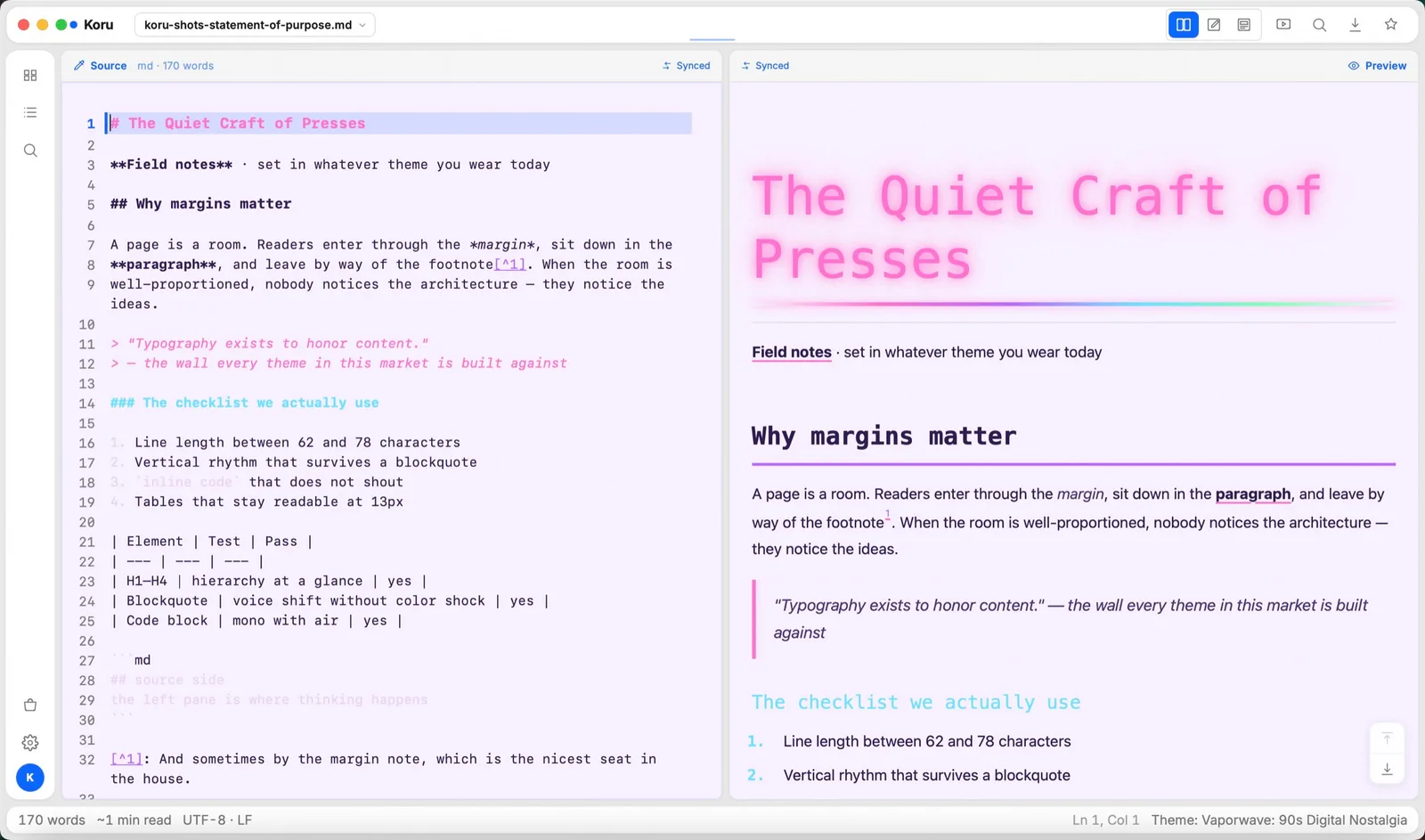 Vaporwave theme applied in Koru Press
